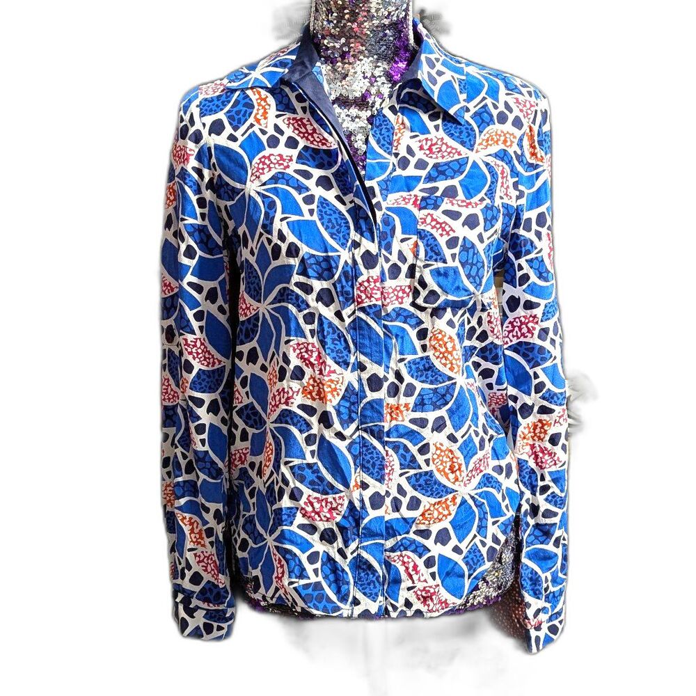 Diane von Furstenberg Size 2 Lorelei Two Blue Multi Print Silk blouse Luxury